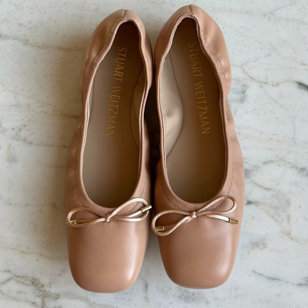 Stuart Weitzman Bardot Bow Leather Ballet Flats in Adobe - NWOT